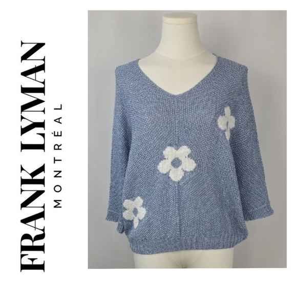 Frank Lyman Design Sweaters - Frank Lyman Montreal Floral Knit Sweater Blue Metallic 3/4 Sleeve Top